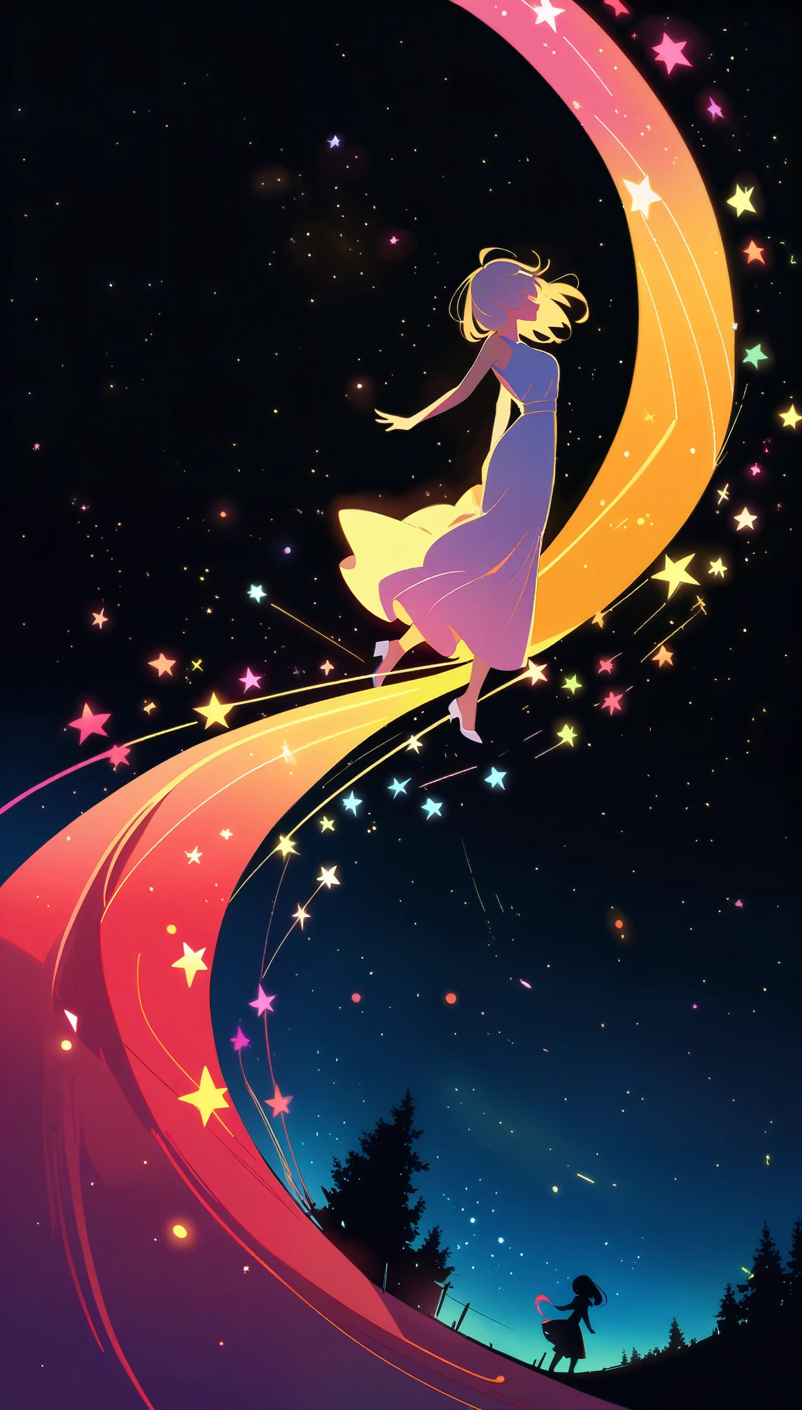 A girl is dancing acrobatically in the starry sky, surrounded by constellations, on black background, white stars and lines forming constellations around her silhouette, light art installation style, high resolution, dreamy effect, fantastic scenery, minimalist design. --ar 3:4 --niji 6, 