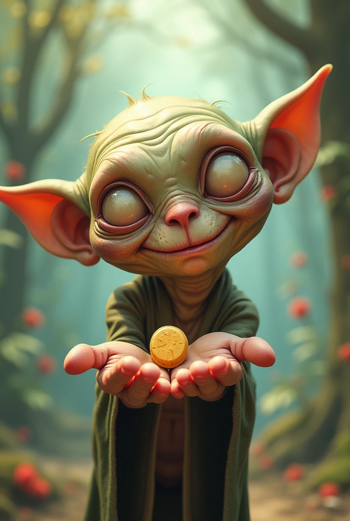 Based on the theme of Golum and the ring( my precious) Create an image that replaces the ring with a pill (drug that is used as medicine and comes in tablet form), Make the Gollun creature look a lot like the Lord of the Rings movie and smile tenderly, that does not look threatening , Use cheerful, not depressive colors. Make the drug on your hands stand out and be noticed above all and look 100%% to the shape and color of a pill.have your hands open so that everything can be seen