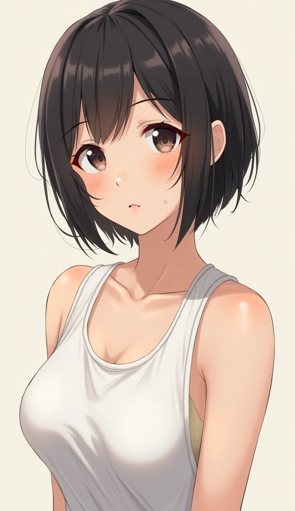 (Ultra Real), (Illustration), (High resolution), (8K), (Very detailed), (Best Illustration), (Beautiful quality with attention to detail), (ultra-detailliert), (masutepiece), (Wallpaper), (Detailed face), night up upper body,Armpits, cream,Short hair,Solo, Girl in white tank top, full of sweat, japanes, Medium, (Nipple protrusions are clearly visible through the tank top)、(show off your armpits:1.5)