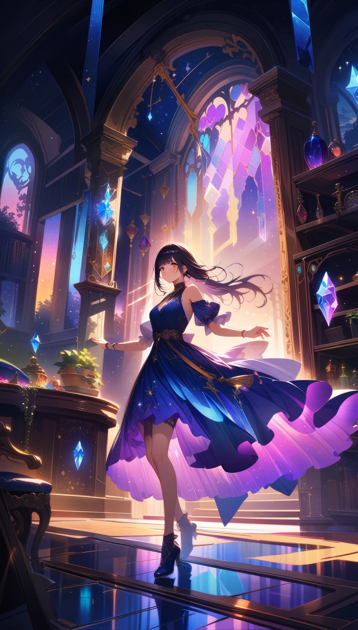 A girl is dancing acrobatically in the starry sky, surrounded by constellations, on black background, white stars and lines forming constellations around her silhouette, light art installation style, high resolution, dreamy effect, fantastic scenery, minimalist design. --ar 3:4 --niji 6, A vibrant, detailed digital painting of an enchanted room filled with magical blue and purple crystal objects, tarot cards, amulets, runes on the walls, shelves, tables, couches, windows, magical artifacts like glowing crystals, ornate wooden furniture. The color scheme is vivid and striking, creating a dreamy atmosphere. colorful illustrations, highly detailed, high resolution, natural lighting, sharp focus, highly detailed illustration, high definition, in the style of octane rendering, hyper realistic. --ar 3:4 --niji 6,