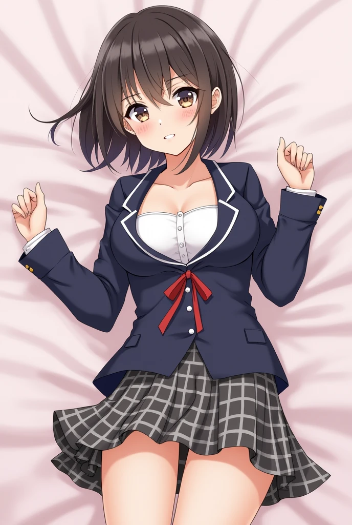  One girl, School Blazer,Checkered Skirt,cute,beautiful girl,Short Hair,ribbon,Quiet,Innocence,Obedience,Unbutton your blazer and shirt,White Bra,Soft looking breasts,Medium chest,Beautiful breasts,Cleavage,blush one&#39;s cheeks,Gaze Here,Embarrassed,nsfw,Lying in bed,Do foreplay,Idol