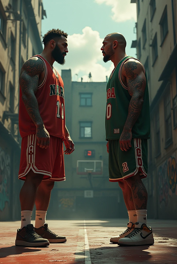 Make a picture of 2 gangster basketball players and their uniform says: Nacho and Ciga