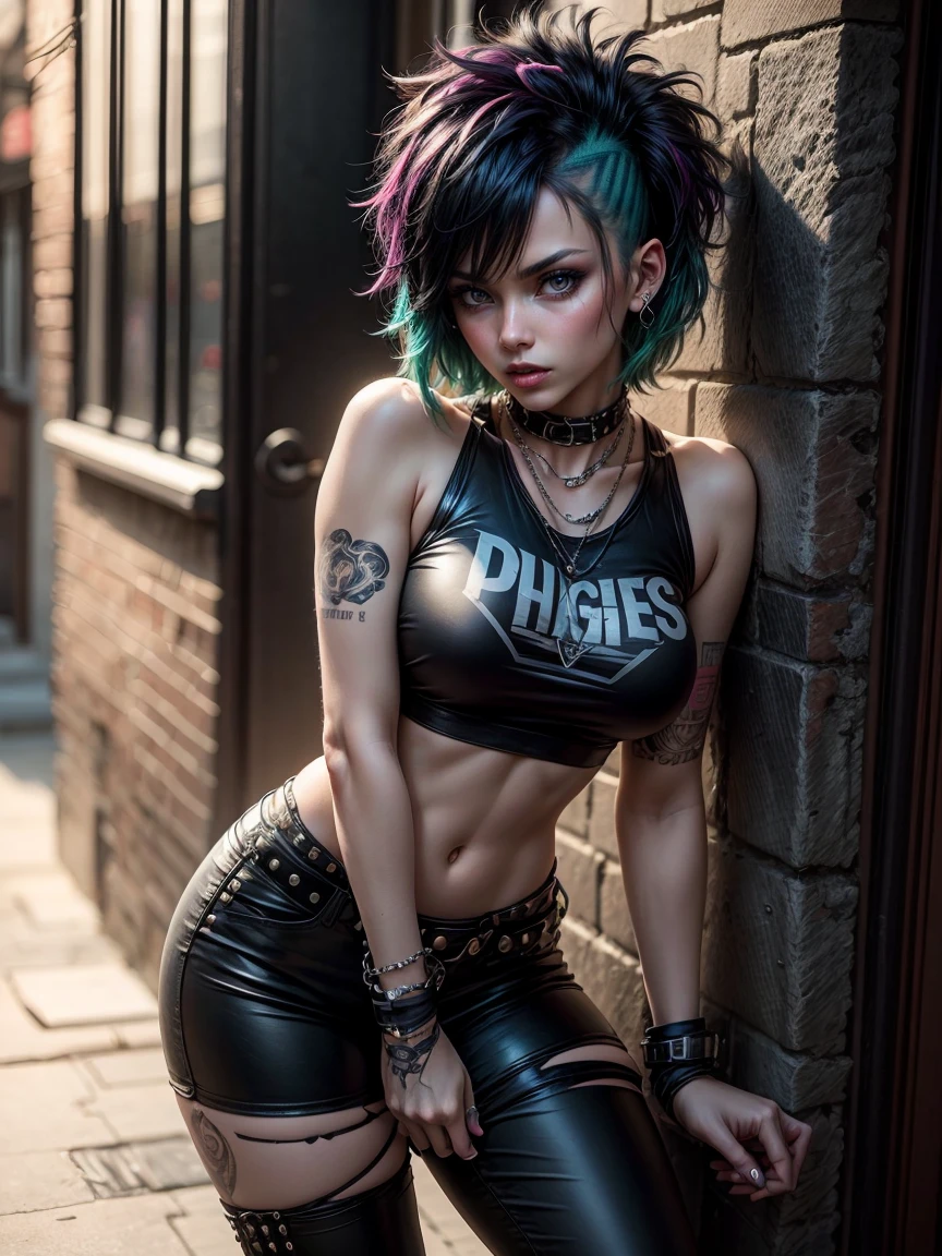 Angel, the charismatic character of The King of Fighters, a woman of unique and striking appearance who stands out for her punk style and rebellious attitude. Her hair short and black color, with messy locks framing her face. Her defiant hairstyle and wild-looking hair reflect her bold and enigmatic personality. His eyes are an intense blue color, shining with a defiant and piercing gaze. They are framed by long, dark eyelashes, further enhancing their bold expression. In addition, he usually wears a dark and striking eye makeup that highlights his look and gives him a mysterious air. Angel's skin pale and smooth, like delicate porcelain. Her face carefully made up, with an even skin tone and a soft blush on her cheeks. She doesn't overdo it in makeup, but often wears a deep red or black lipstick, which reinforces her punk and rebellious aesthetic. She wears a punk rock ensemble, with a mix of feminine and rebellious elements, he wears a tight T-shirt with bold and eye-catching prints, which shows his rebellious personality and love for music. At the bottom, Angel wears tight black leather or patterned pants, which highlight his slender and athletic figure. Complement your outfit with high boots or canvas sneakers, giving it a touch of comfort and punk style. In addition, Angel wears a variety of accessories that complement his punk look. You can wear leather bracelets with rivets, spiked necklaces or black leather chokers. It also distinguished by its facial piercings, such as nose rings, eyebrows or lips, which highlight its unique and bold style. In short, Angel a punk-looking and rebellious character in The King of Fighters. Her green hair, flashy makeup, and punk rock outfit make her
