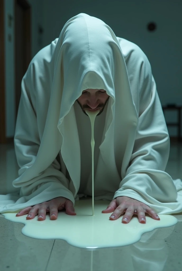 A male ghost in a sheet crawling on all fours and licking milk from the floor. High-resolution photo. Like something from a horror movie.