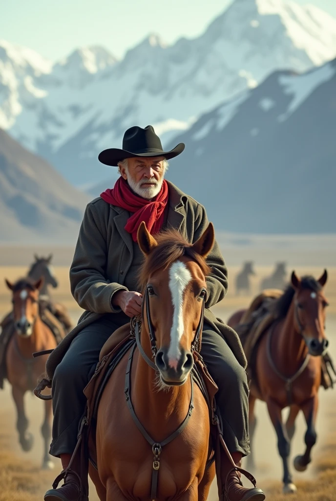 Horizontal profile picture of a full length old gaucho with grey hair wearing his black beret on his head and red scarf around his neck riding his horse galloping with more wild horses in Torre del Paine