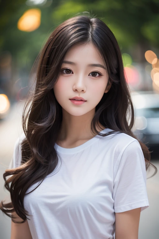 high quality, masterpiece, High resolution, One girl,Realistic,photograph,Bust D cup,Long Black Hair,Loose waves,Center Parting,Background Blur,Soft,Cute Face,,White T-shirt