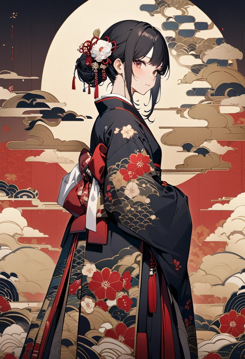 (masterpiece, best quality,ultra highres),An illustration of an japanese girl's silhouette with traditional Japanese patterns and floral motifs, creating a visually stunning composition on the canvas. The background is adorned with vintage-style elements like lacework details and checkered paper textures. This design adds intricate beauty to your creative projects in the style of traditional Japanese art.