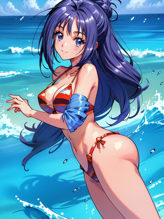 masterpiece, High resolution, Highest quality, Very detailed, Beach, ((masterpiece)),((Ayako Katagiri)),((Katagiri Ayako)),((Mischievous Smile)),Anatomically perfect fingers,Bikini Swimwear