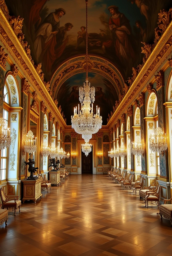 huge extravagant golden palace with the king Louis XIV