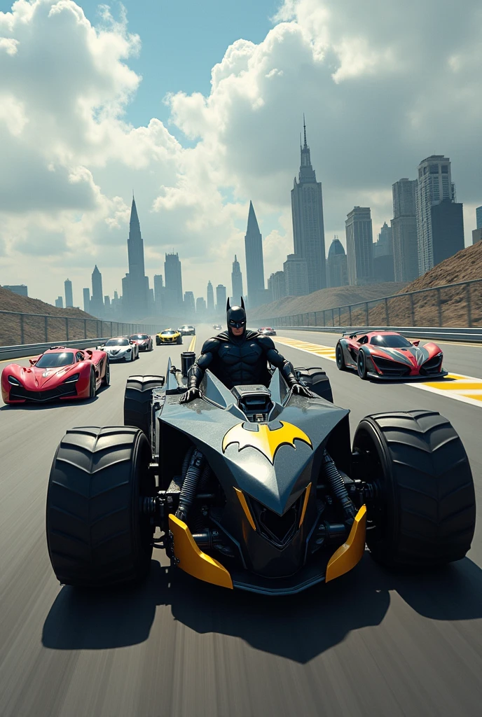 Batman in his monster truck style Batmobile , in a race between the justice league 