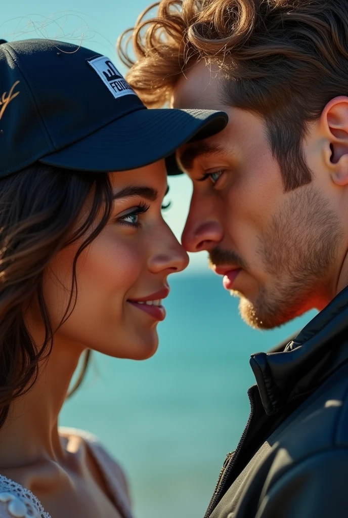 Believe me, the cover of a book where two protagonists appear, a Colombian brunette with wavy brown hair and a warlike Italian with white brown hair and blue eyes, tall and whose title says precisely you are young, she is 26 and he is 27, so that they have their foreheads together, so that the man looks more macho and not so cute, he has brown hair dressed in black and the woman has darker skin and wears an Interpol cap., of Brown eyes 