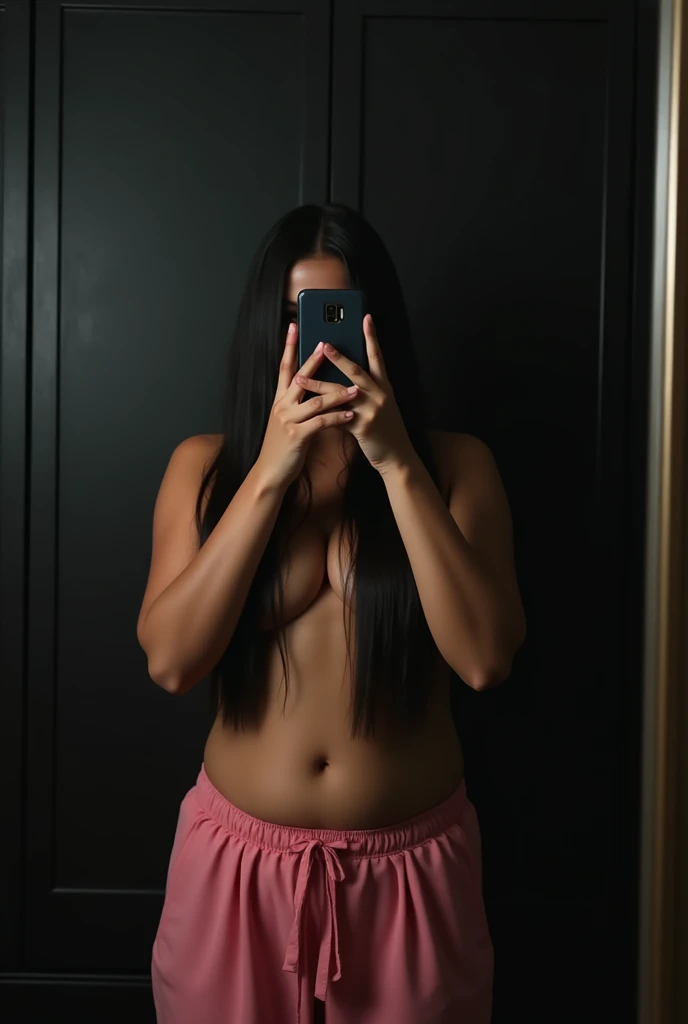 (photorealism:1.2), indian woman, early 50s age, brown body, chubby body, hip folds, long black straight hair, taking mirror selfie by iphone, sides of mirror not visible, phone covers face, phone vertical, front facing, standing, standing confidently, full body from head to toes, room, large black wardrobe without any design in the background, wardrobe door closed, wardrobe kept parallel to mirror, sides of wardrobe not visible, full body naked, nipples hidden by long hair, face hidden, eyes hidden, lights out in room, dark room, mild spotlight from top, no bra, pink loose formal trousers, upper body naked