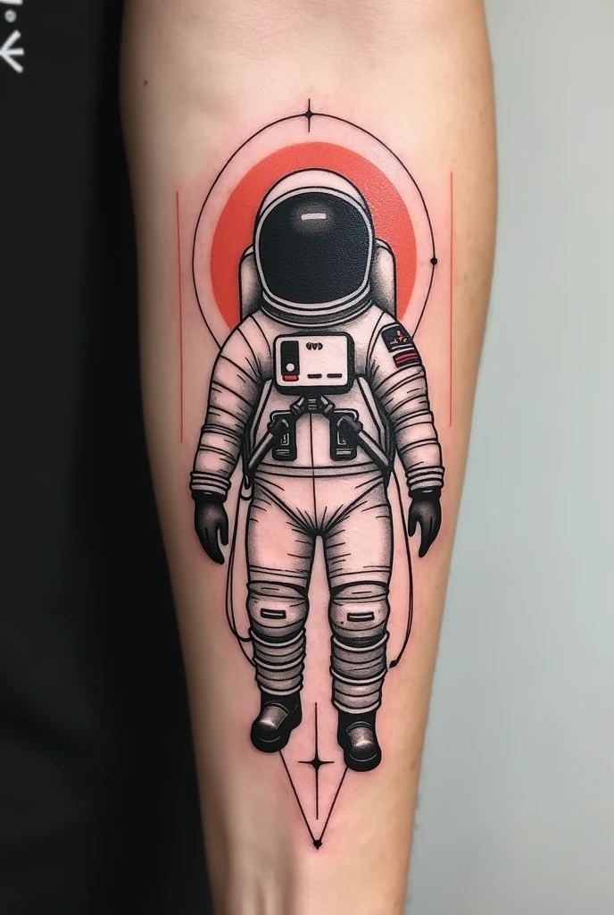 por favor gostaria de ideias unicas e criativas desenhos de tattoos de astronauta simplificada with geometric shapes tatuagem na lateral do pescoço estilo retro synthwave, astronaut floating in the universe black lines, sol synthwave, arte tattoo, with geometric shapes