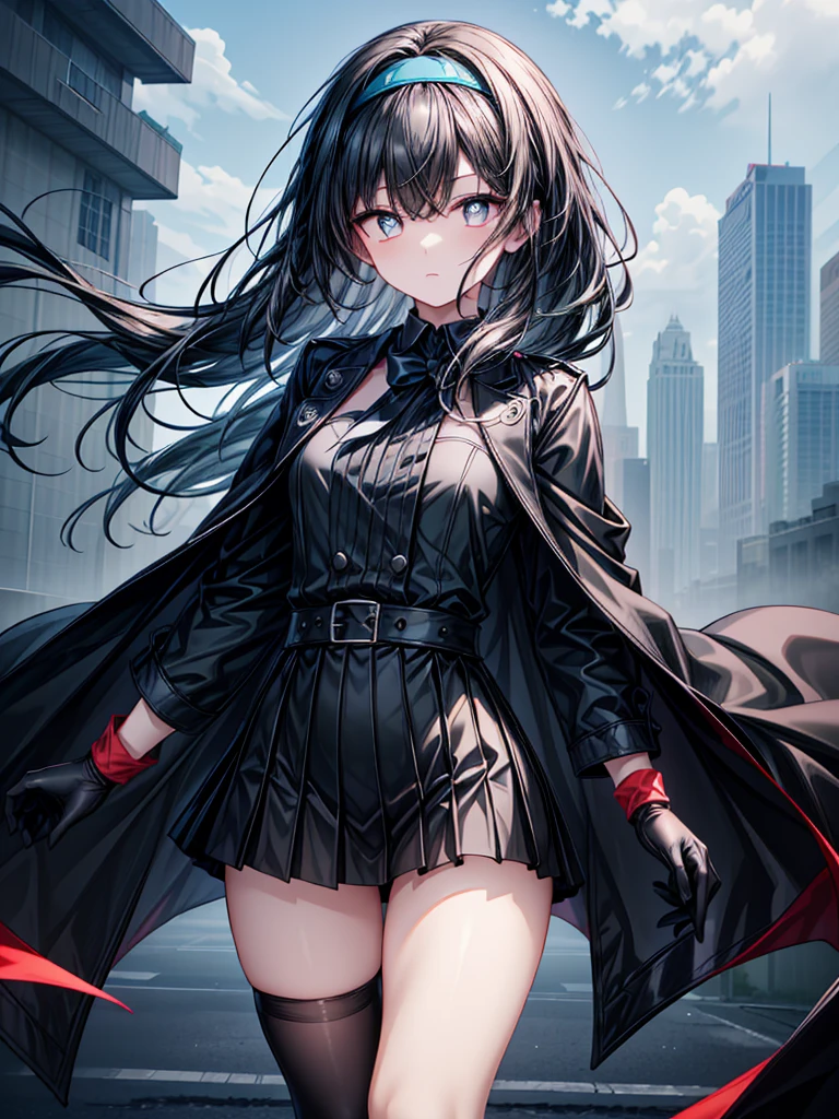 ((Oriental Project)),((Black tie))All Black Costumes,(mysterious),((Assassin Girl)),((Long black hair blowing in the wind)),((masterpiece)),((Highest quality)),((Eyes visible through the gaps in the bangs)),((alone)),((Deep blue pupils)),((Beautiful and shining eyes)),((Black Shirt)),((Wearing a black coat)),((Wearing a black mini skirt,She wears long black tights under her skirt.,((Slim body)),((Black headband)),Wearing black gloves,Fantastic World