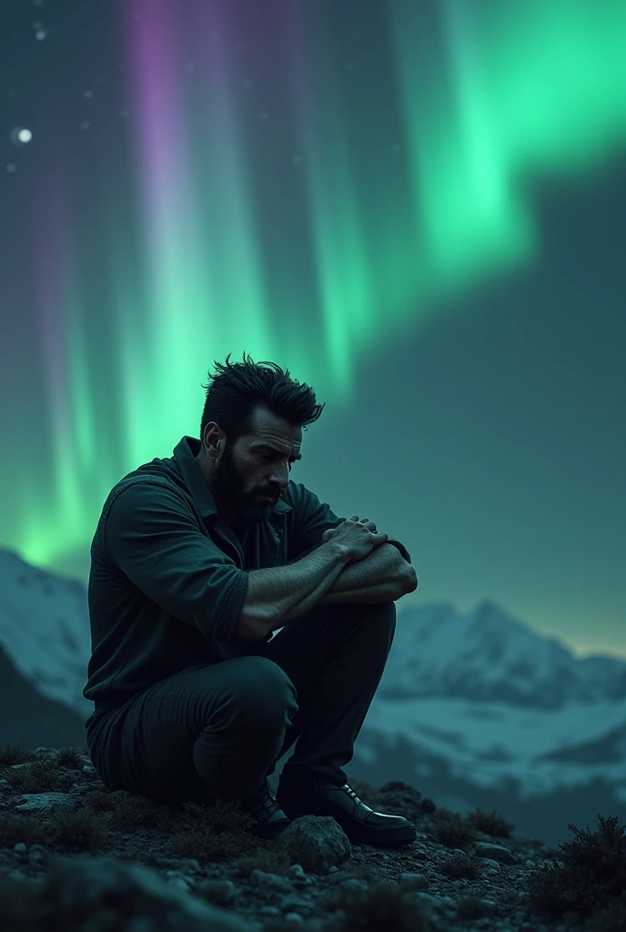 Wolverine crying while sitting with a full moon and auroras