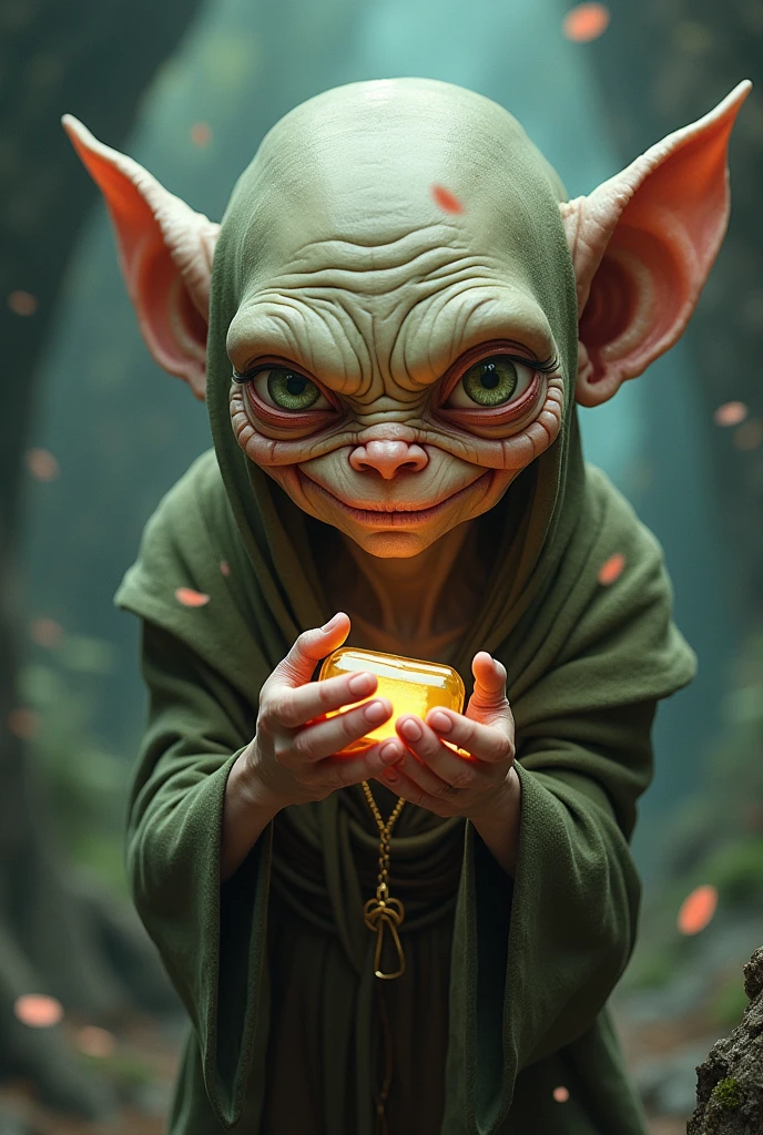 Based on the theme of Golum and the ring( my precious) Create an image that replaces the ring with a pill (drug that is used as medicine and comes in tablet form), Make the Gollun creature look a lot like the Lord of the Rings movie and smile tenderly, that does not look threatening , Use cheerful, not depressive colors. Make the drug on your hands stand out and be noticed above all and look 100%% to the shape and color of a pill.