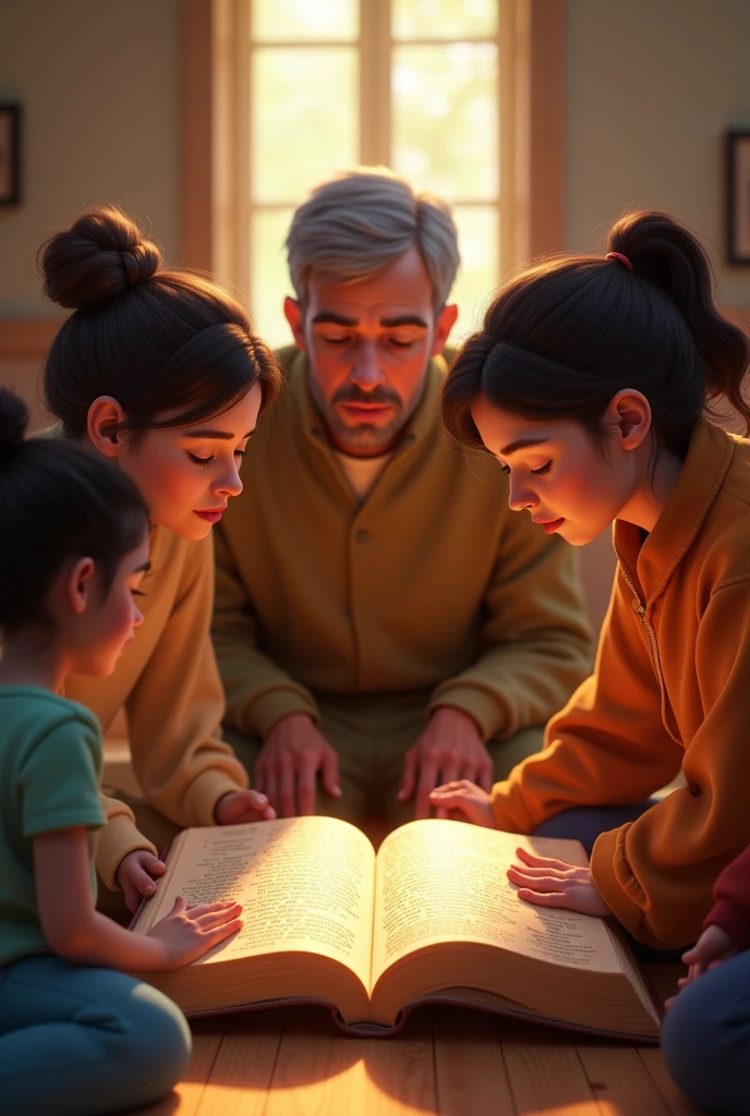 pixar image of a prayer group, men and woman on their knees with the bible