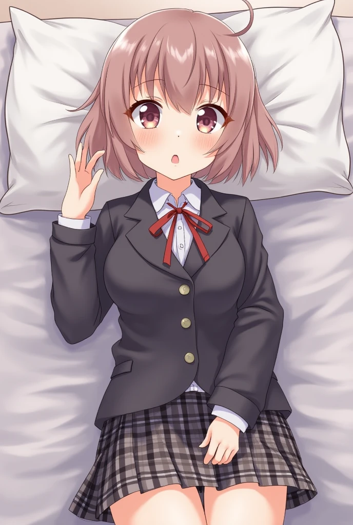  One girl, School Blazer,Checkered Skirt,cute,beautiful girl,Short Hair,ribbon,Quiet,Innocence,Obedience,Small breasts,blush one&#39;s cheeks,Gaze Here,Embarrassed,nsfw,Lying in bed,Do foreplay,Idol
