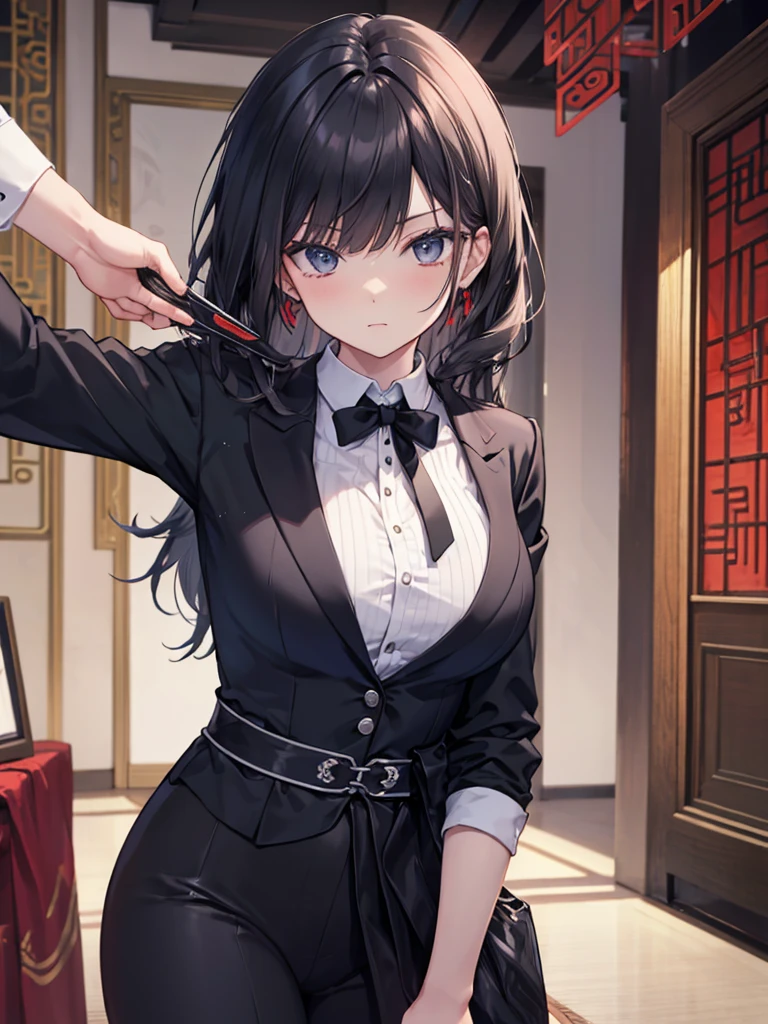 ((Oriental Project)),((Black tie))All Black Costumes,(mysterious),((Assassin's Bewitching Girl)),((Long black hair blowing in the wind)),((masterpiece)),((Highest quality)),((Eyes visible through the gaps in the bangs)),((alone)),((Deep blue pupils)),((Beautiful and shining eyes)),((Black Shirt)),((Wearing a black coat)),((Wearing a black mini skirt,She wears long black tights under her skirt.,((Slim body)),((Black headband)),Wearing black gloves,Fantastic World