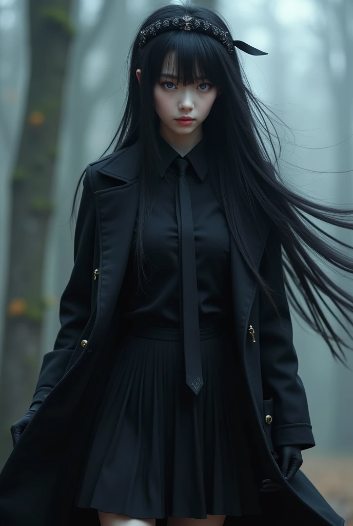 ((Oriental Project)),((Black tie))All Black Costumes,(mysterious),((Assassin's Bewitching Girl)),((Long black hair blowing in the wind)),((masterpiece)),((Highest quality)),((Eyes visible through the gaps in the bangs)),((alone)),((Deep blue pupils)),((Beautiful and shining eyes)),((Black Shirt)),((Wearing a black coat)),((Wearing a black mini skirt,She wears long black tights under her skirt.,((Slim body)),((Black headband)),Wearing black gloves,Fantastic World