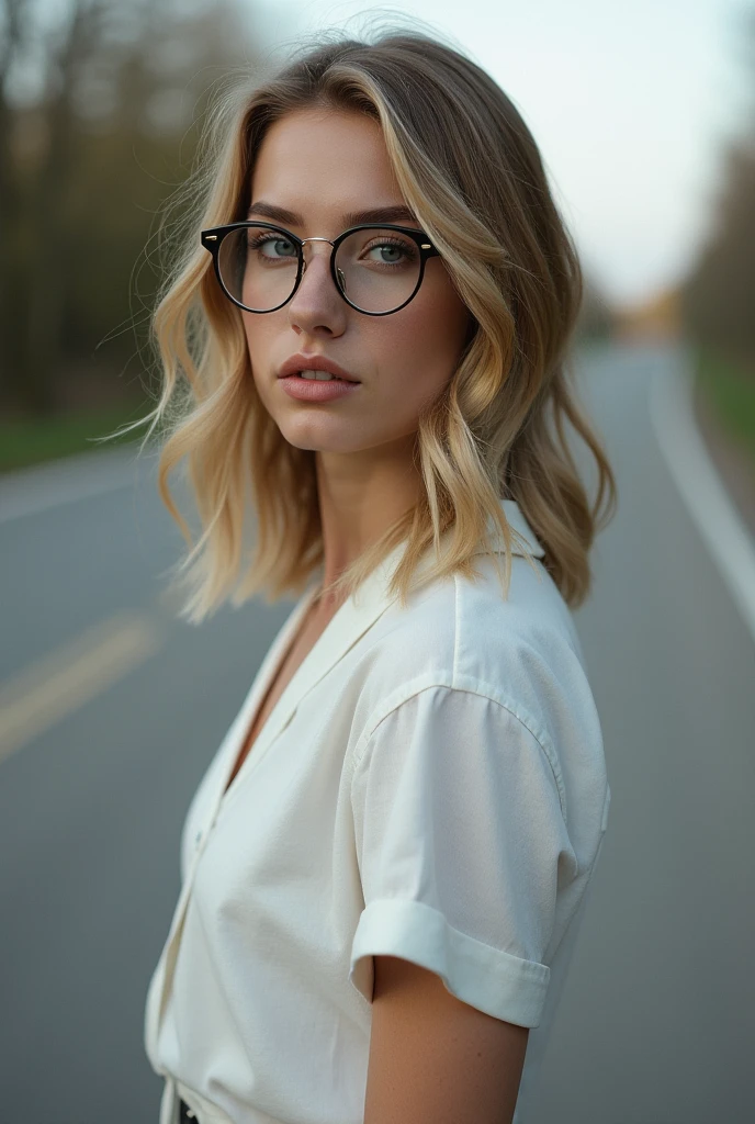 Ultra realistic 4k image of russian girl wearing shirt & mini skirt with blonde hairs & spectacles standing on road facing towards camera with closeup look
