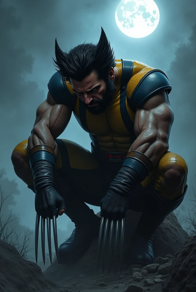 Wolverine crying sitting with full moon with his claws