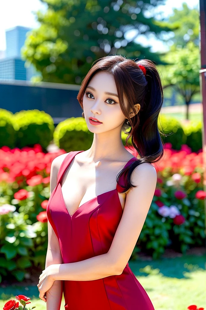 Tzuyu 1, woman, (Realistic), (Hyperrealism), (photoRealistic), Written boundary depth, eye make up:0.7 (whole body:1.8), (Large Bust),(Tight waist), Observe the audience,At the flower garden, Fashion Model, Sexy red dress with open shoulders and neckline
