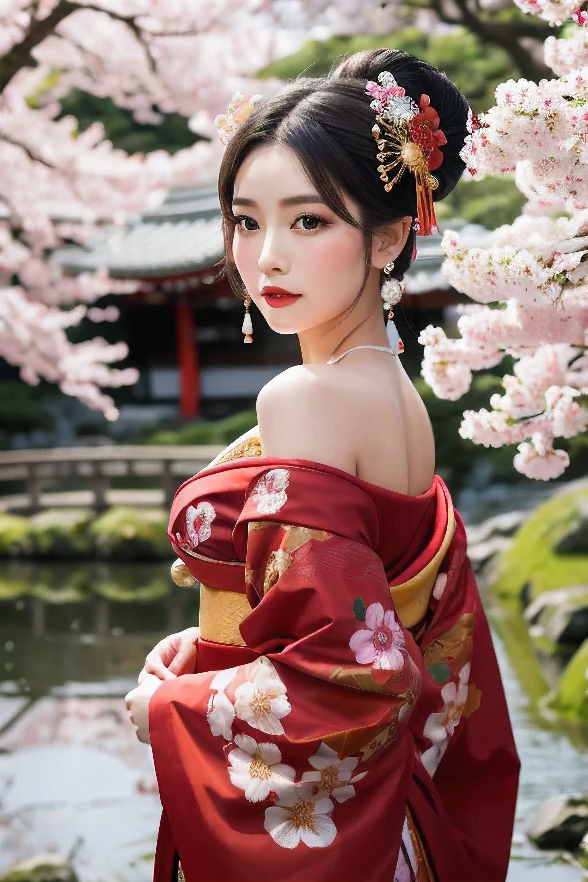 **プロンプト（Prompt）:**

```text
Create a hyper-realistic image of a traditional Japanese "Oiran," showcasing the elegance and beauty of this iconic figure from the Edo period. The Oiran is depicted wearing a vibrant and intricately patterned kimono, complete with elaborate hair ornaments and a distinctive hairstyle that frames her face elegantly. She stands in a traditional Japanese garden during cherry blossom season, surrounded by lush greenery and a serene pond. Her makeup is classically styled with a white-painted face, vivid red lips, and accentuated eyes, reflecting the traditional beauty standards of the era. The scene should evoke a sense of awe and admiration, capturing the essence of Japan's historical and cultural beauty.
```