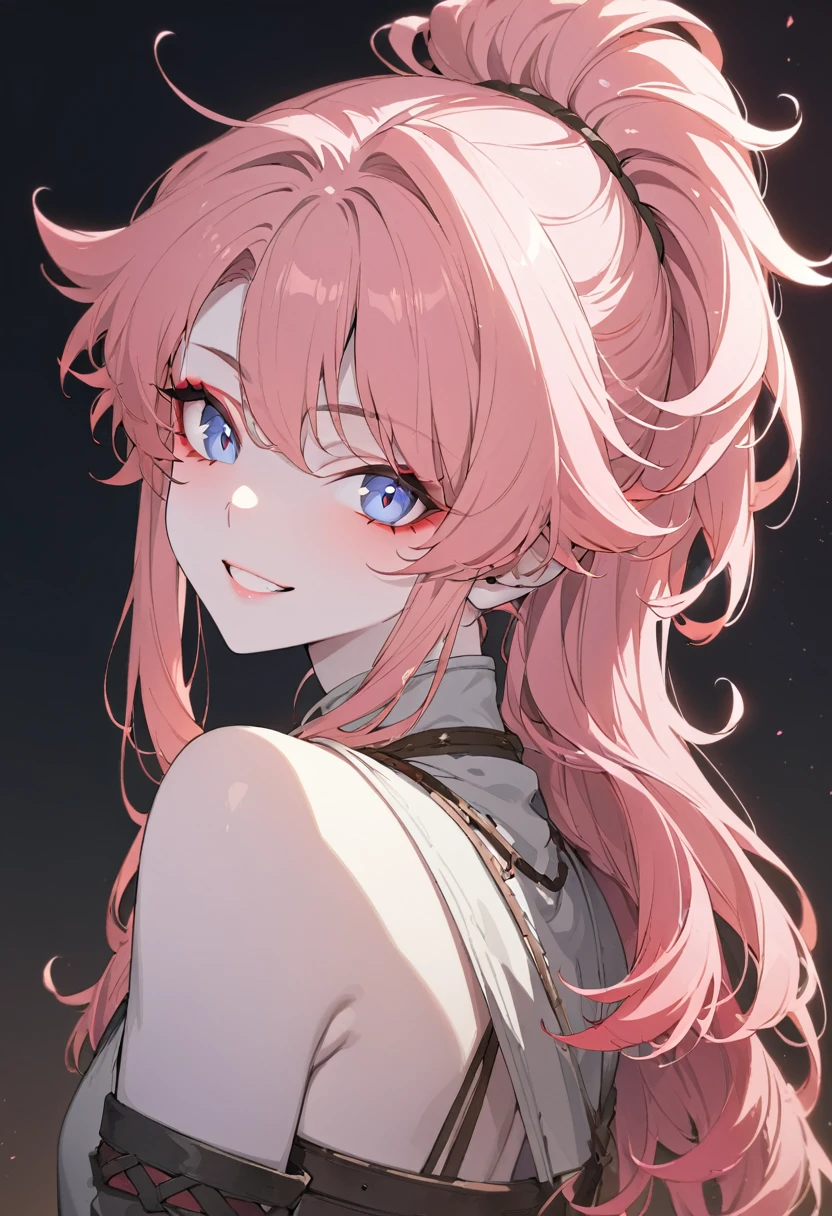 1.5, best quality, high quality, High definition, High quality texture, high detail, beautiful detailed, finely detailed, extremely detailed cg, detailed texture, 1man, boy, male, ((egirl makeup)), messy hair, messy ponytail, messy bangs, bright pink hair, looking at viewer, pale skin, grin, head tilt, femboy, medieval, light armor, ((FEMININE FACE))
