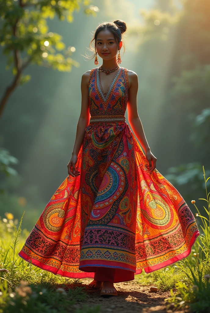 wearing a traditional Karen dress with colorful, intricate patterns…”