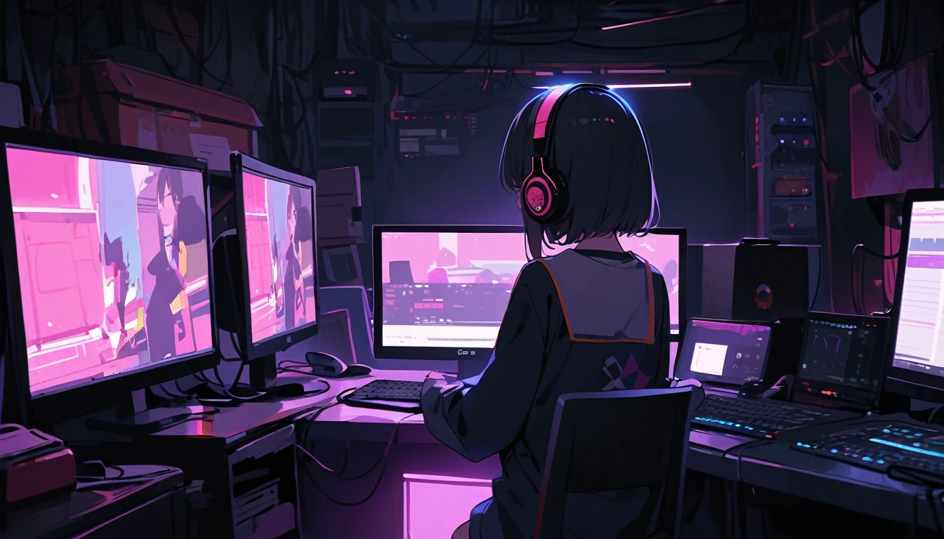 computer、Multiple monitors、Music Production Status、Dimly lit room、Girl typing on keyboard、Put on headphones、I have an electric guitar、Black-haired、Bob Hair、Display drum set on monitor、