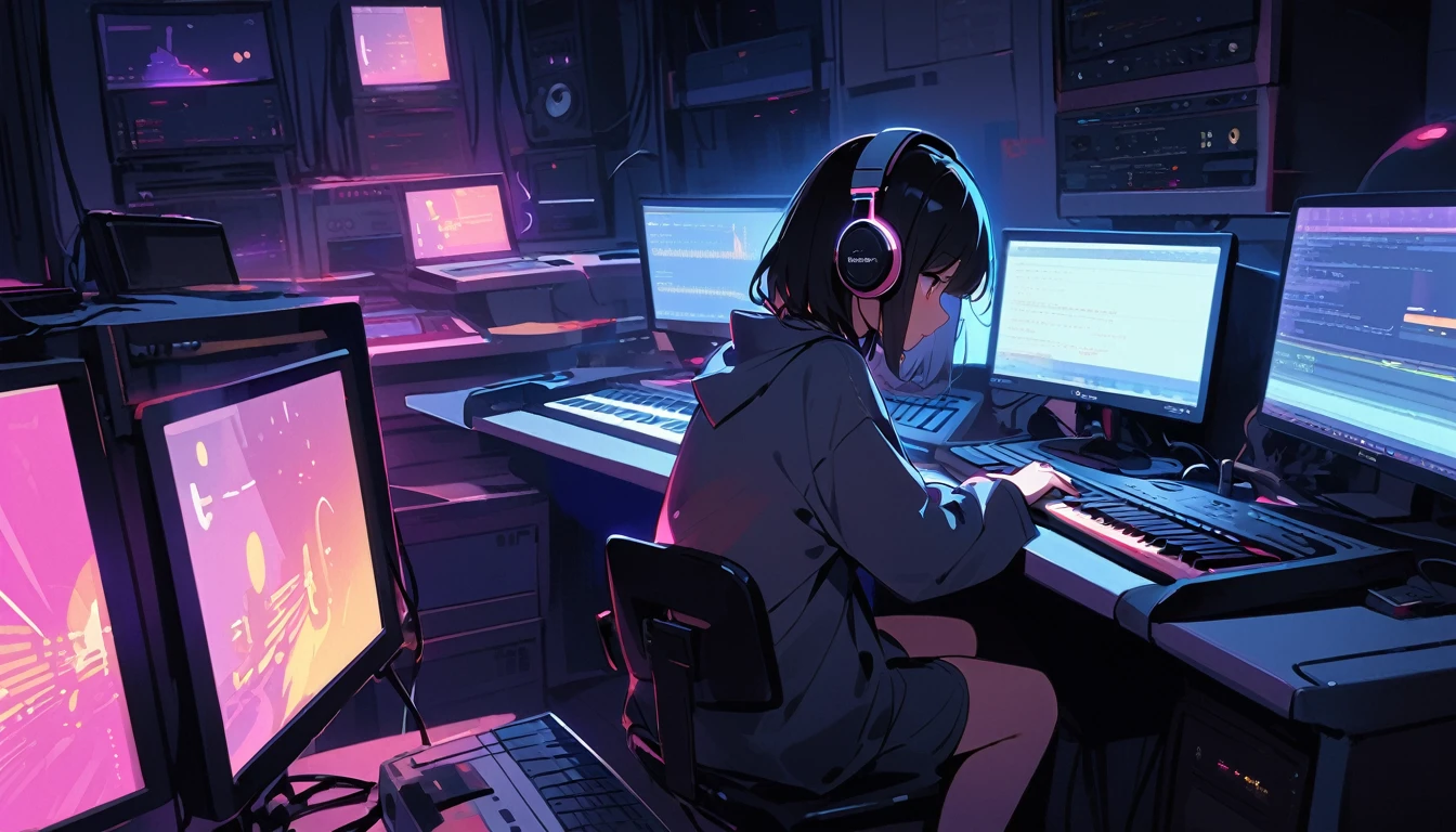 computer、Multiple monitors、Music Production Status、Dimly lit room、Girl typing on keyboard、Put on headphones、I have an electric guitar、Black-haired、Bob Hair、Display drum set on monitor、