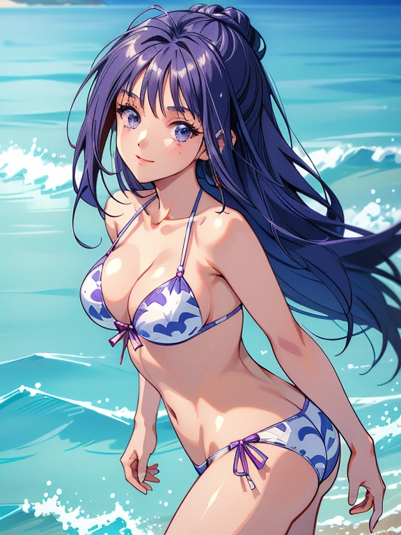 masterpiece, High resolution, Highest quality, Very detailed, Beach, ((masterpiece)),((Ayako Katagiri)),((Katagiri Ayako)),((Mischievous Smile)),Anatomically perfect fingers,Bikini Swimwear
