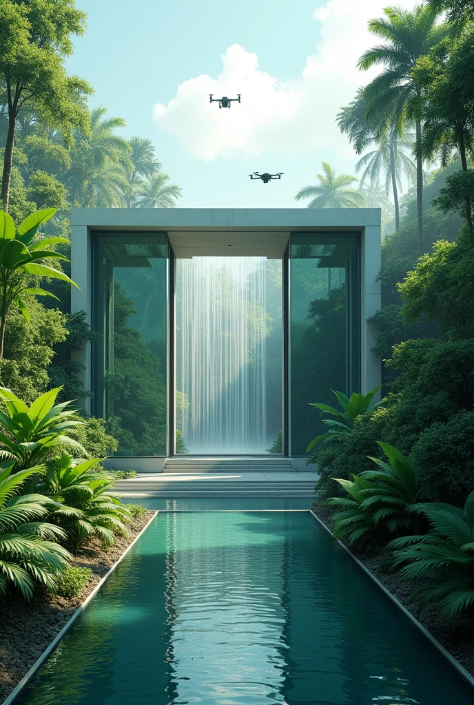 Create a digital painting of a futuristic, minimalist mansion surrounded by a tropical rainforest. The mansion is protected by a transparent force field and armed drones. The entrance is a massive, sliding glass door that opens to a grand hall with a cascading waterfall