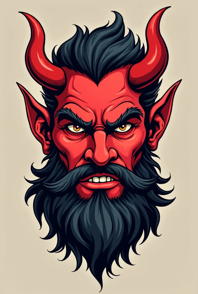 Cartoon of a devil&#39;s face with a beard and curls, red skin and being handsome