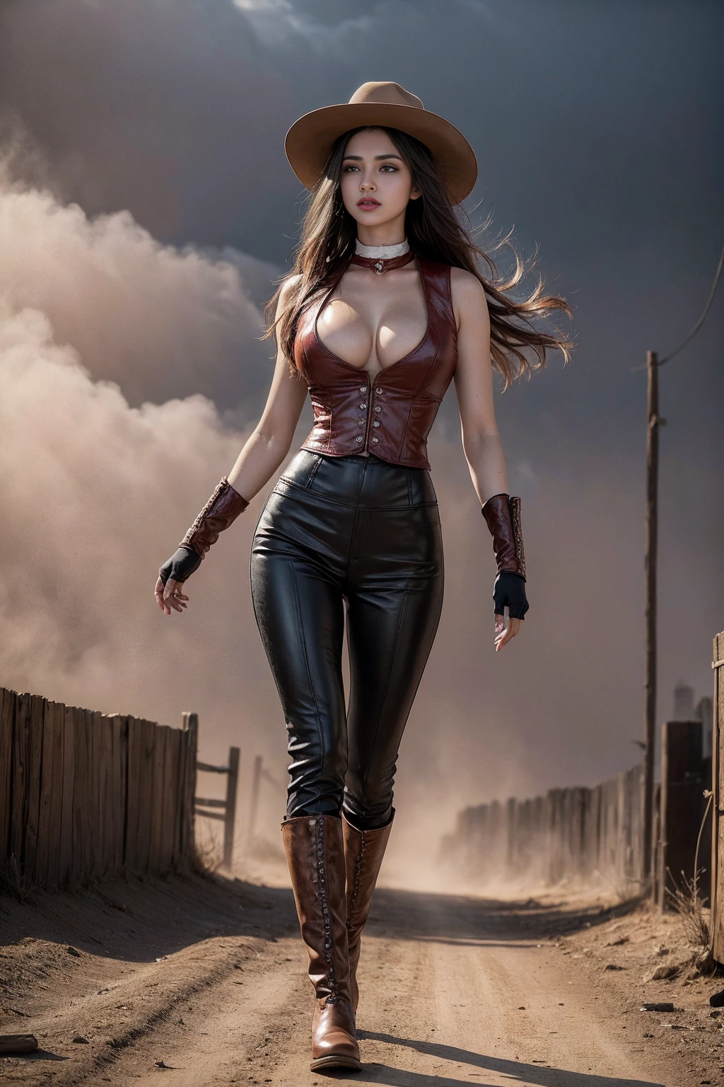 Full body cowboy woman circa 1880s, Brown long straight hair, Brown eyes, High arched eyebrows, Slender and graceful neck, Red lips, Large Breasts, Brown Leather Tights, Sleeveless Brown Leather Vest, Leather Boots, Walking on the dusty sandy streets of a deserted North American town,The wind blew through her hair, Practical, photoPractical, photoPractical, fear, Dark gloomy atmosphere and dramatic lighting, dark red, Foggy environment, Detailed facial expressions, Terrible fog