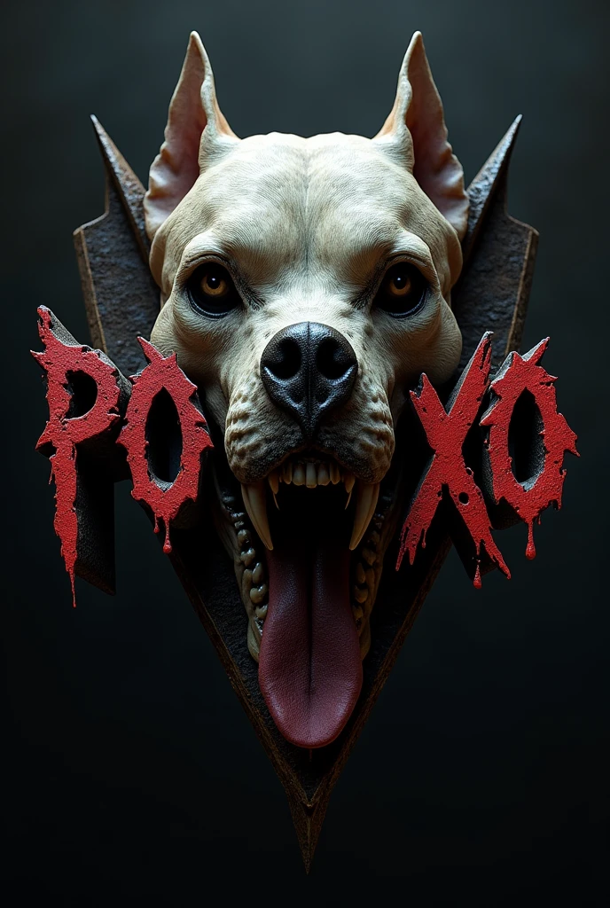 Logo with a pitbull skull and the name poxoxo with the same font as the band slipknot in 3d