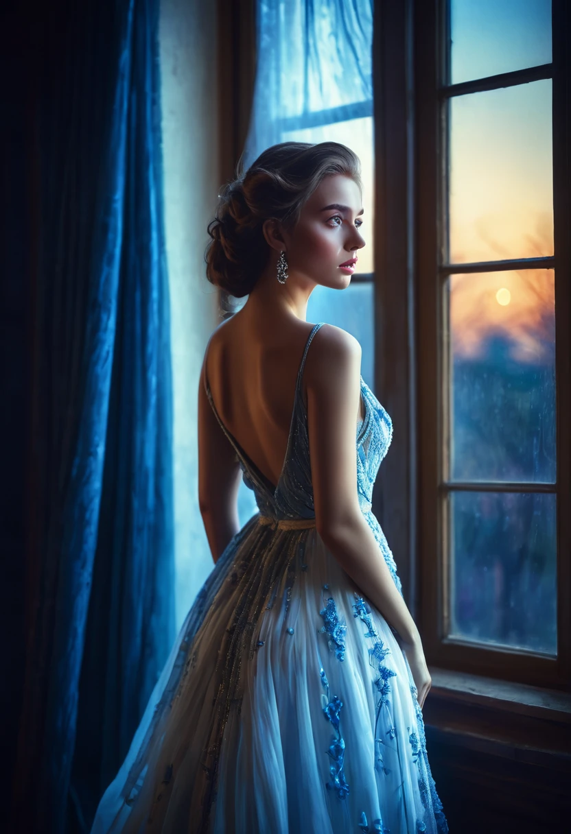 arafed woman in a dress standing in front of a window, a picture by Marie Bashkirtseff, shutterstock, romanticism, half-turned lady in evening gown, flowing gown, wearing a flowing dress, mysterious woman, haunting beautiful young woman, wearing a white flowing dress, flowing dress, woman in dress, extremely moody blue lighting, miss aniela