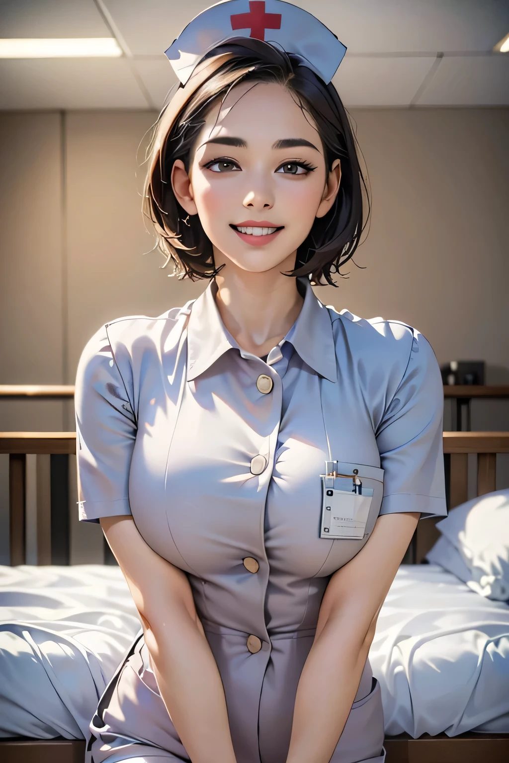 (masterpiece, Realistic, Highest quality, 8k), (1 female), mature, (Wearing a nurse cap and short nurse uniform), grin, Bob Hair, (background: Hospital room)