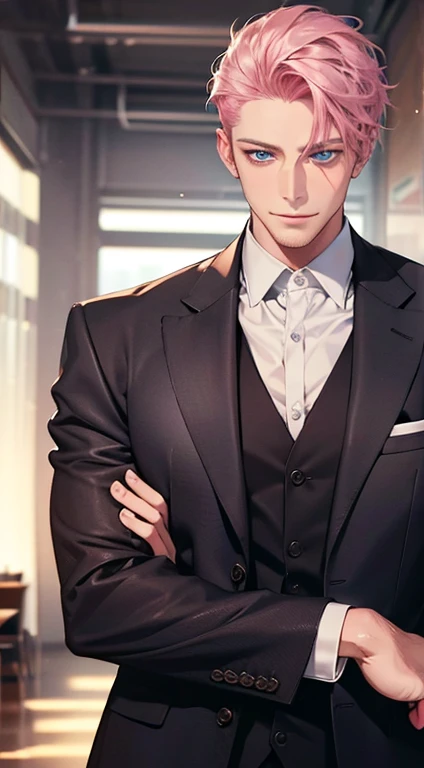 (best quality,4k,8k,highres,masterpiece:1.2),ultra-detailed,(realistic,photorealistic,photo-realistic:1.37),1 man,31 years old,mature man,very handsome,without expression,smile,short pink hair,blue eyes,penetrating gaze,perfect face without errors,imposing posture,businessman,office background,cinematic lighting,hdr image