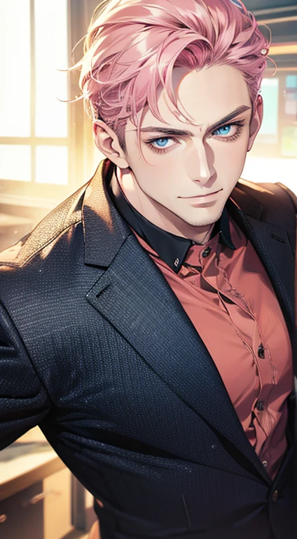 (best quality,4k,8k,highres,masterpiece:1.2),ultra-detailed,(realistic,photorealistic,photo-realistic:1.37),1 man,31 years old,mature man,very handsome,without expression,smile,short  pink hair,blue eyes,penetrating gaze,perfect face without errors,imposing posture,businessman,office background,cinematic lighting,hdr image