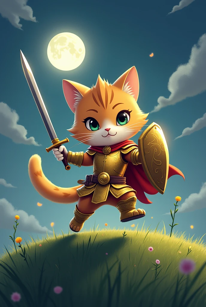 A cat warrior in shiny gold armor（With a sword in his right hand、In his left hand he holds a shield）　Jumping a little、Brandishing a sword in his right hand。A cute cat with an anime-like face　The background is a hill at night。The angle of the sword is almost parallel to the ground.
