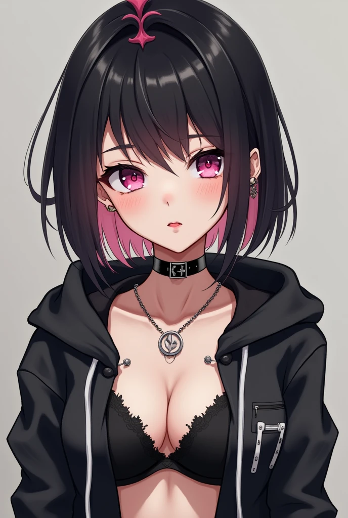 Igarashi Rika wears a hoodie that shows her belly button, has black bob hair, inner pink, right ear is exposed and has a piercing, left ear sometimes has an industrial look, she's a little tall, has pale skin, has a baby face, doesn't need lipstick, has lots of piercings