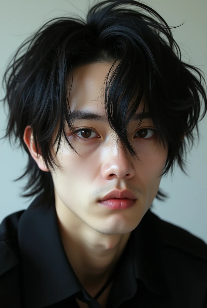 A white-skinned man with brown eyes, Shoulder length black hair with a tom boy cut 