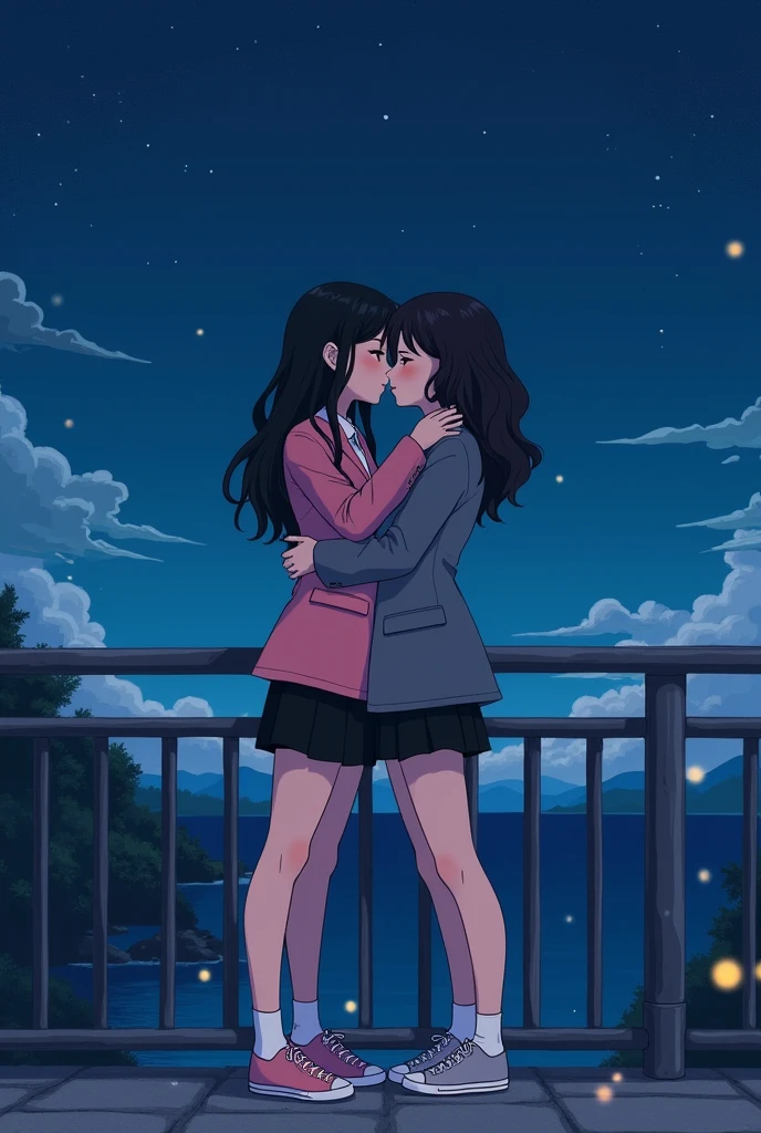 Two girls, yuri,(The first girl wear a pink suit, black pencil skirt, white socks, pink sneakers), (The second girl wore a grey suit, black pencil skirt, white socks, grey sneakers), hugging, lesbian kiss,bridge, ocean night sky, novel cartoon, 4K, HD