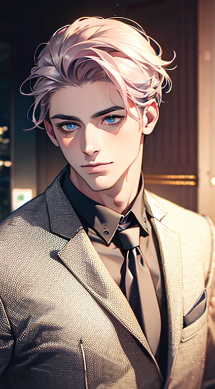 (Highest quality,4K,8K,High resolution,masterpiece:1.2),Super detailed,(Realistic,photoRealistic,photo-Realistic:1.37),1 person,31 years old,Mature Men,Beautiful skin、very handsome,Expressionless,smile,Short gray pink hair,blue eyes,Sharp Eyes,A perfect face without a doubt,Businessman,Office Background,Cinema Lighting,HDR image,tie、