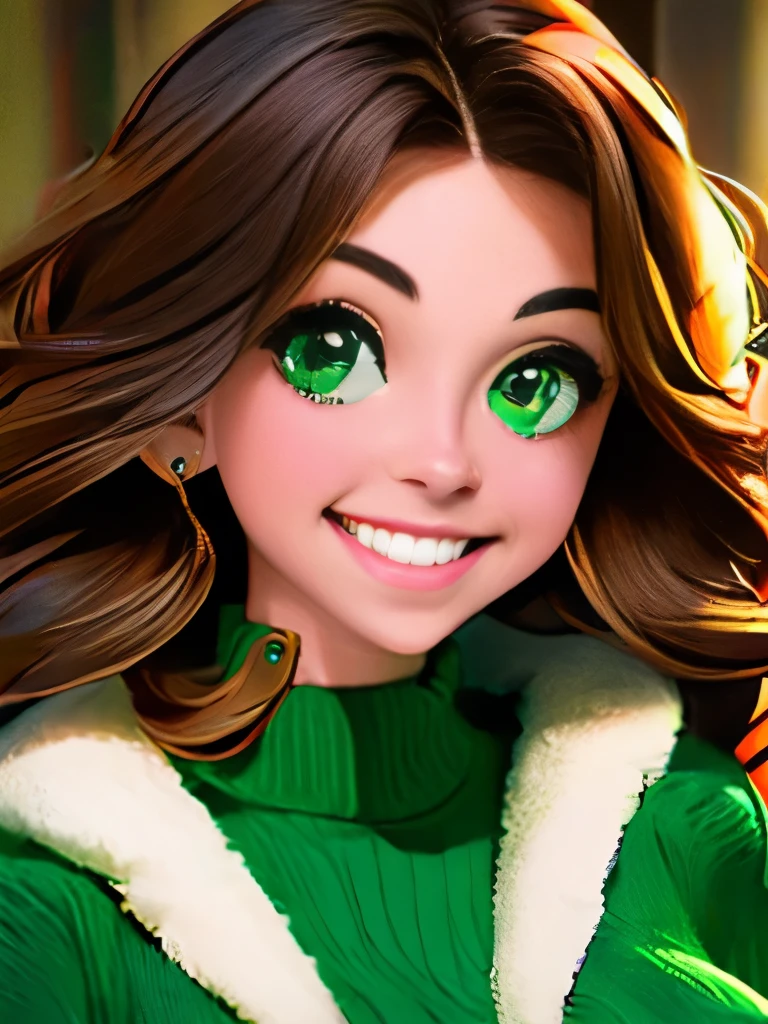 A stunning masterpiece of a high-res portrait of a beautifully detailed girl with long, shiny brown hair and mesmerizing green eyes, wearing a cozy sweater and flashing a gorgeous smile that accentuates her small yet perfectly-formed breasts.