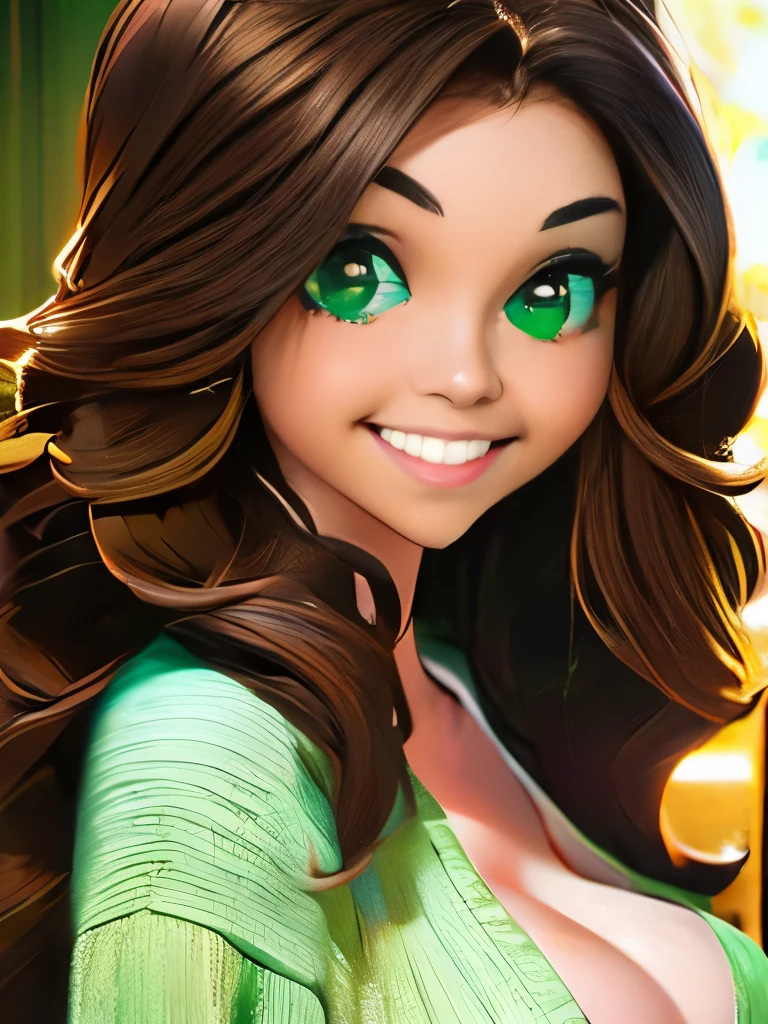 A stunning masterpiece of a high-res portrait of a beautifully detailed girl with long, shiny brown hair and mesmerizing green eyes, wearing a cozy sweater and flashing a gorgeous smile that accentuates her small yet perfectly-formed breasts.