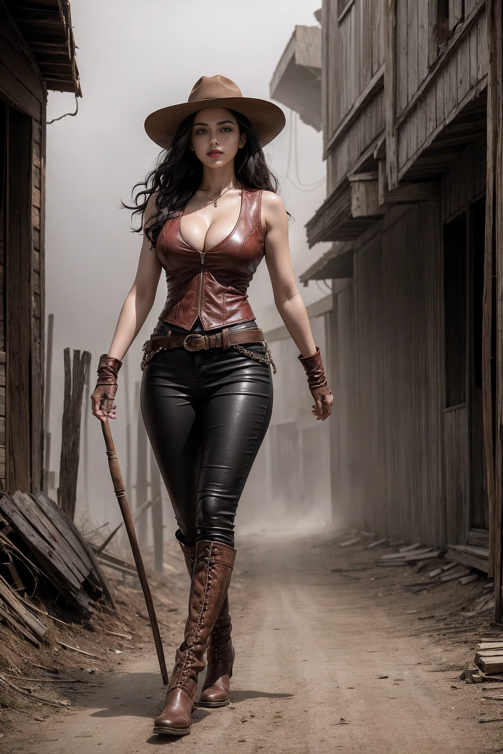 Full body cowboy woman circa 1880s, Black long curly hair, Brown eyes, High arched eyebrows, Slender and graceful neck, Red lips, Large , Brown Leather Tights, Sleeveless Brown Leather Vest, Leather Boots, Walking on the dusty sandy streets of a deserted North American town,The wind blew through her hair, Practical, photoPractical, photoPractical, fear, Dark gloomy atmosphere and dramatic lighting, dark red, Foggy environment, Detailed facial expressions, Terrible fog