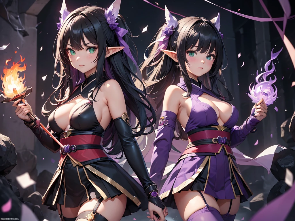 high resolution:1.7, incredibly absurdres, kawaii:1, cute:1.5, hires.fix, anime visual:1, incredibly fine illustration,8k,masterpiece:1.2,best quality,high quality, exquisite, beautiful, insanely detailed,intricate detailed,extremely detailed,Super Definition,ultra high res,Super Resolution,best aesthetic,ultra detailed:1.5, best quality, perfect face, detailed face,illustration:1.2,8k cg wallpaper,stunning art,absurdres,octane render,ultra hires,Japanese Actress,(Idol),18yo,Beautiful,(Cute and lovely),cute girl,((anime elf with extremely cute and beautiful black hair)),long hair,hime_cut,((((black hair:1.35,colored inner hair,ear breathing)))),(((green_eyes:1.3))),intricate eyes,beautiful detailed eyes,symmetrical eyes,big eyes:1.5,enchanting bright eyes studded with gold and silver dust,(((pinky and glowing_skin,bright and shiny body,plastic glitter skin,exaggerated shiny skin,illuminated skin))),(((upward breasts))),waist slender,(detailed body,(detailed face)),cute,daring,zettai ryouiki,show skin,best relationship with four fingers and one thumb,Very Fine Face and Eyes,Very Fine Hair,(Perfect Anatomy),Garter Belt,Bare shoulders,Check out our thru-rack chokers and midi rings with chains,1girl, (kunoichi:1.2),lean body,waist slender,leg slender, (Japanese clothes),kimono,ninja, (kunoichi uniform), (gauntlet:1.2), (greave:1.2), (gaiter:1.2), (purple flame:1.5), (purple fire:1.5), (holding purple flame sword:1.5), (holding purple energy sword:1.3), (purple flame katana:1.3), (swing a purple flame sword:1.3),battle,fight,(action pose: 1.4),(vengeful spirit come's attack), (vs vengeful spirit),(purple confetti:1.5),(in OLD cave),creepy tentacles,dungeon,(dutch angle),